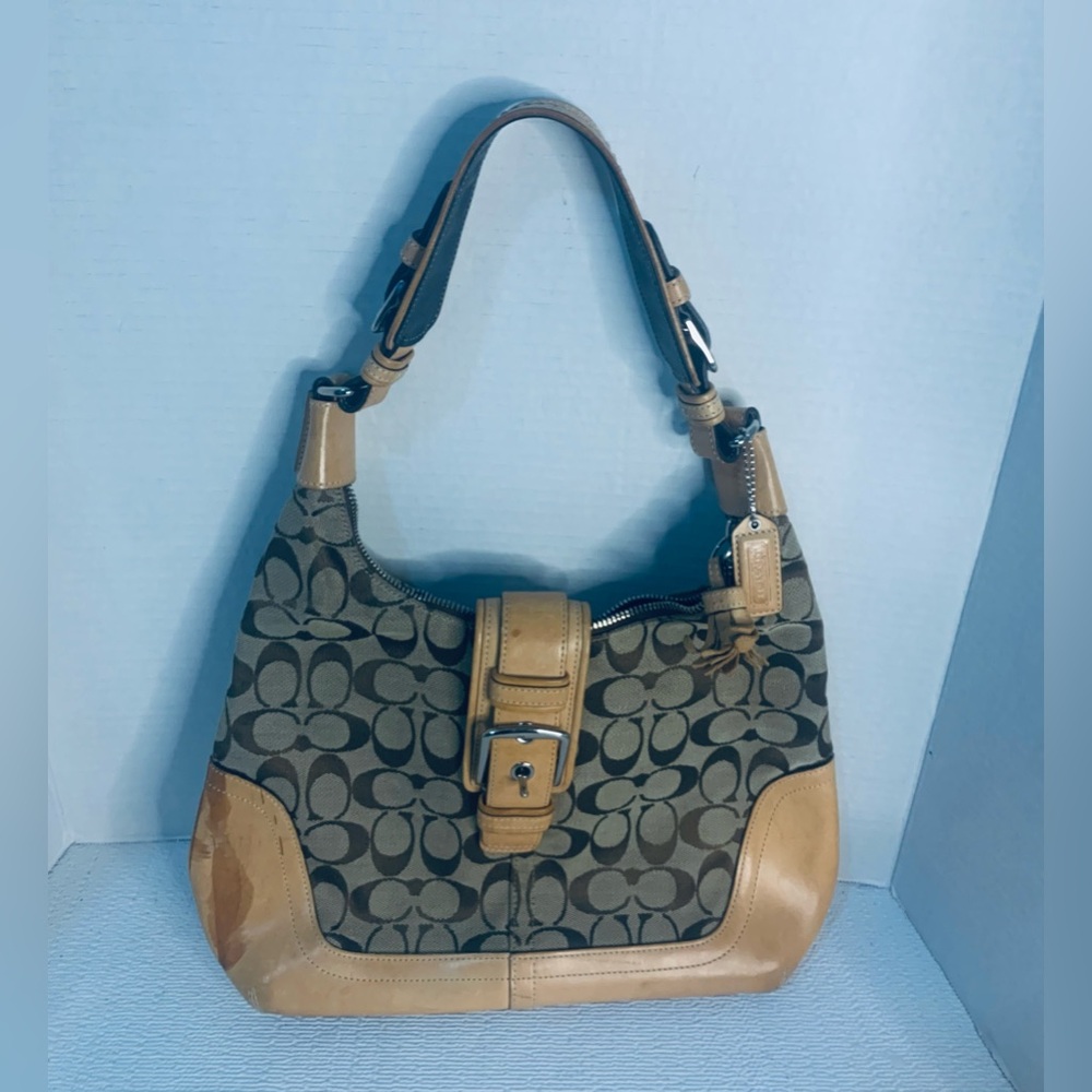 Coach Tan Brown Tassel Signature Print Leather Carryall Satchel Shoulder Handbag